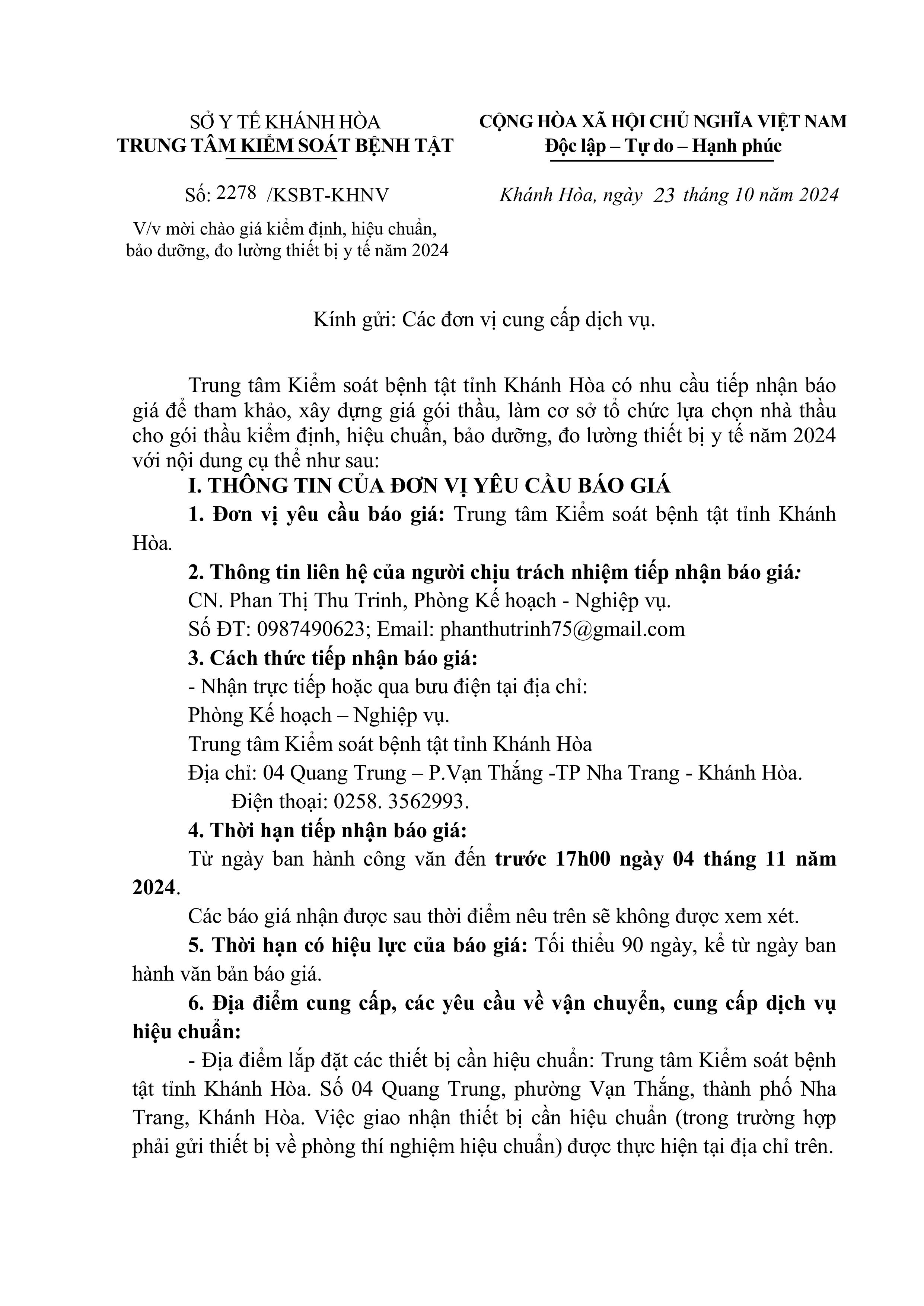 V/v mời chào giá kiểm định, hiệu chuẩn, bảo dưỡng, đo lường thiết bị y tế năm 2024